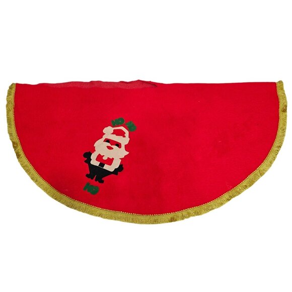 1970s Red Santa Tree Skirt 34" gold fringe handmade retro Christmas decor vtg - Picture 1 of 10